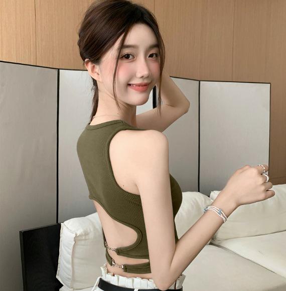 Spicy Girl Backless Camisole with Chest Pads - Round Neck Sleeveless Top for Women