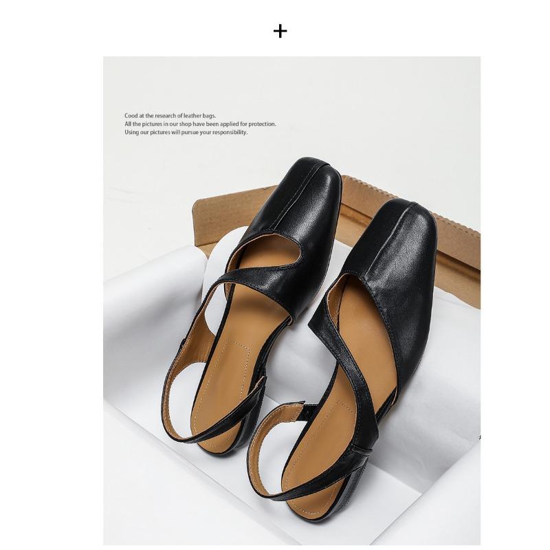 

Sheepskin version~ Square head one-word with bag head sandals women s summer empty trip belt women s shoes flat-soled single shoes 35 чёрный