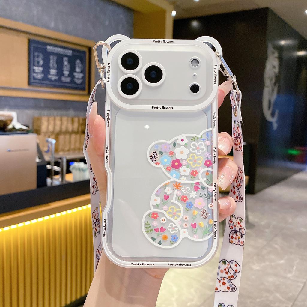 Korean Cute Flower Bear Ears Crossbody Lanyard Case For iPhone 17 16 15 14 13 12 11 Pro Max XS Max 7 8 Plus Cover Women Girl's
