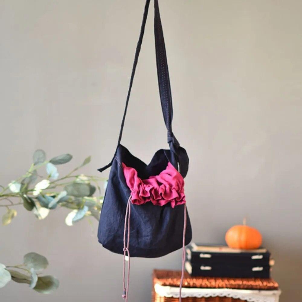 Johnature Two-color Drawstring Buckle Large Literary Handmade Embroidery Thread Cross-shoulder Casual Hand-made Women Buckets