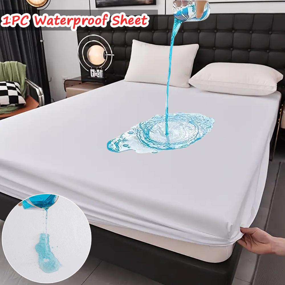 Super Waterproof Fitted Sheet Solid Color Non-Slip Mattress Protector Cover Comfortable Bedding with Elastic Band Deep Pocket