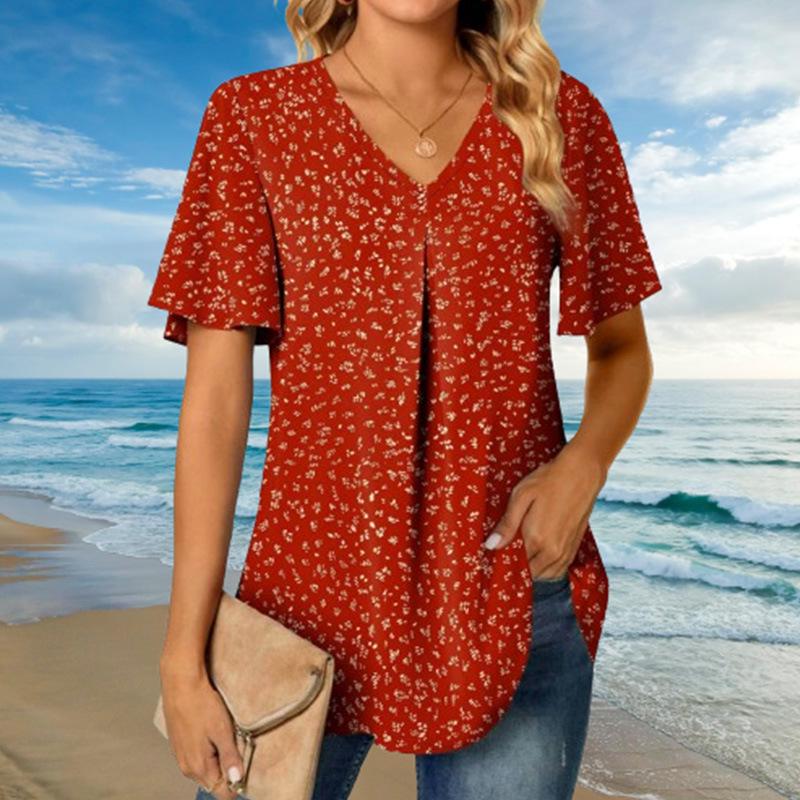 I Lager Sommar Blommig V-Hals Lös Kort Ärm Orange Topp