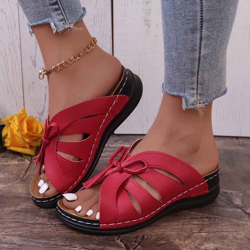 Large Size Bow Flat Bottom Wedge Slippers New Solid Color Shake Line Hollow Fish Mouth Slippers