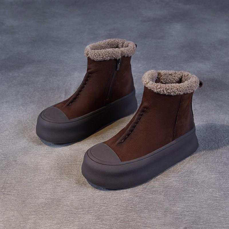 Johnature Retro Plush Warm Women's Boots Genuine Leather Thick Soled Casual Versatile Short Boots