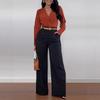 Women's Mid High Waist Belted Wide Leg Suit Pants Solid Non Stretch Formal Long Trousers With Side Pockets Spring Winter Elegant Office Bottoms