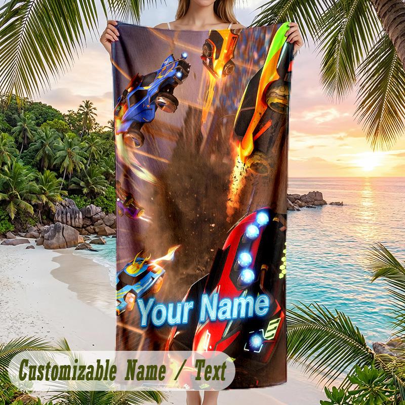 Rocket League Beach Towel, Personalized Custom Text, Quick Dry Soft Large Towel For Swimming Pool Travel