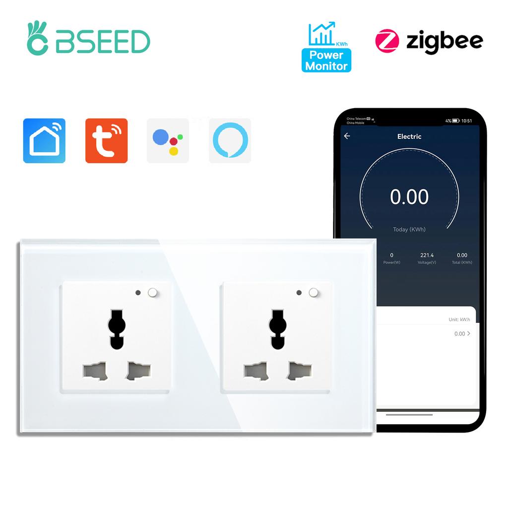 BSEED Zigbee Soquetes Inteligentes Universais Monitor de Potência Soquete de Energia Multifuncional Controle por App Tuya Smart Life Alexa Estrutura de Vidro