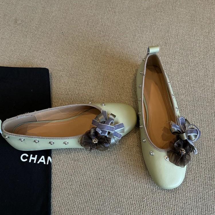 Sheepskin Version~ Versatile Flower Rivet Mary Jane Shoes One Pedal Shallow Mouth Round Head Flat Shoes Shallow Mouth Leather Single Shoes