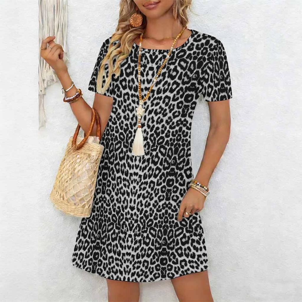 Plus Size Round Neck Short Sleeve Dress Colorful Wild Floral Print For Outdoor Coffee Time