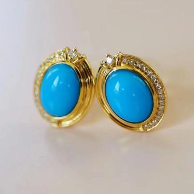 New In Retro Elegant Oval Blue Earings Stud Advanced Style Inlaid with Diamonds and Turquoise Earrings for Women Banquet Jewelry