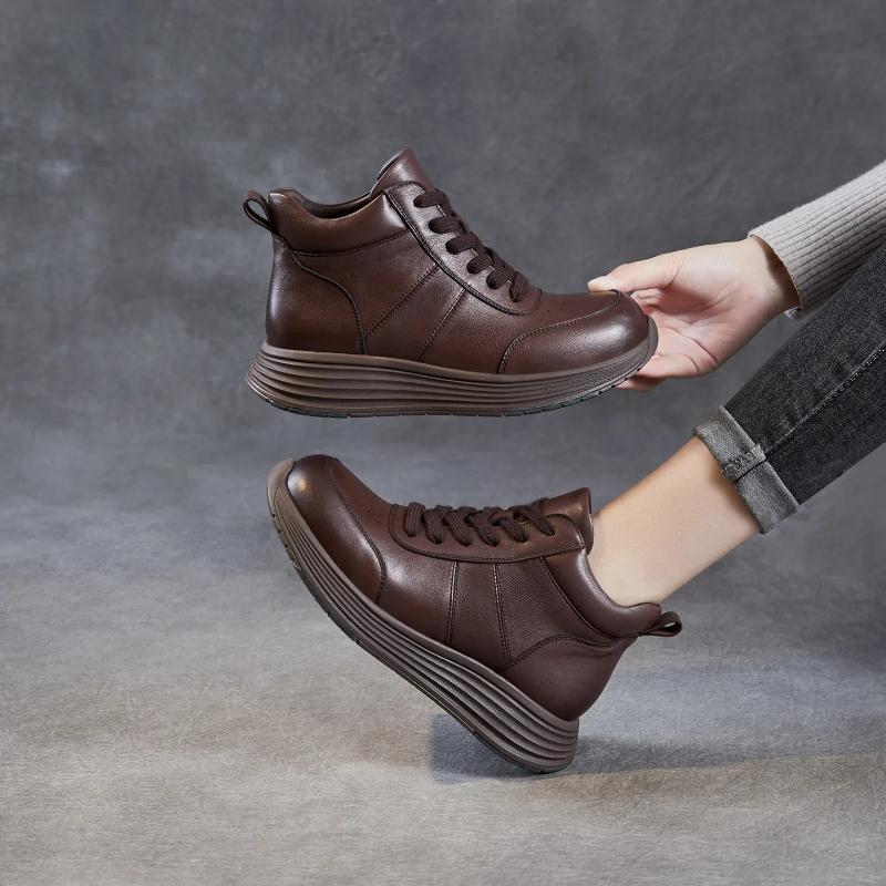 Johnature Lace Up Genuine Leather Short Boots Thick Soled Leisure Soft Soled Wedge Heels Women's Shoes