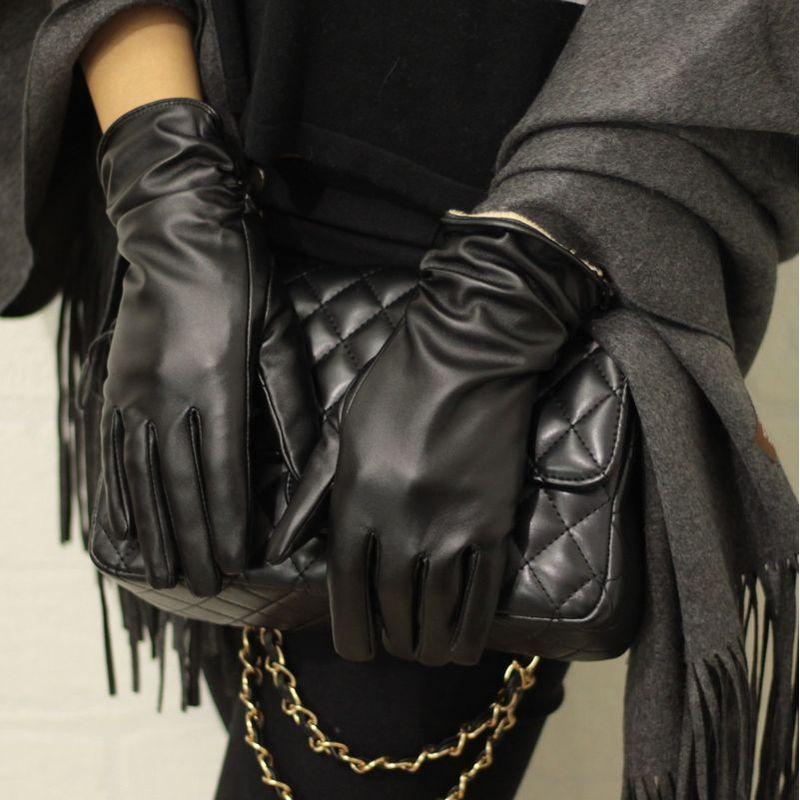 

Перчатки зимние K-style на флисовой подкладке, перчатки Heattech, темпераментные короткие перчатки из ПУ кожи, плиссированные кожаные перчатки с пятью пальцами для женщин Black