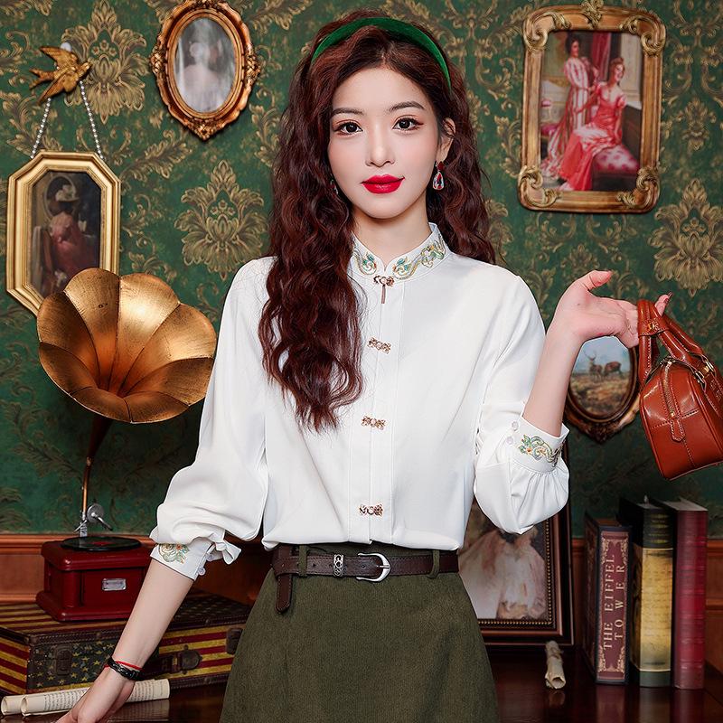Women's Stand-Up Collar Shirt with Chinese Embroidery, Zen Style Long-Sleeve Top for Spring and Autumn.