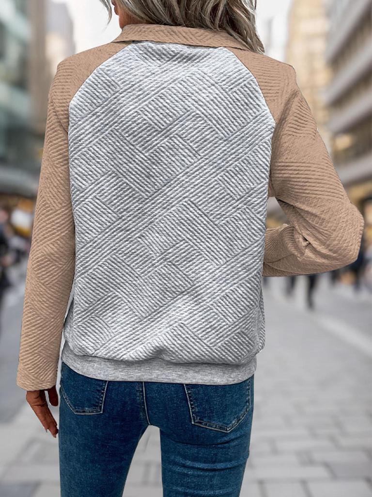 Women's Autumn/Winter 2026 Color Block Polo Collar Hoodie - Casual Simple Style Pullover