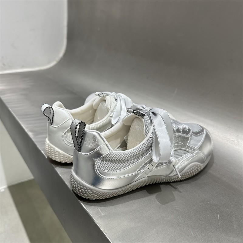 Women's German Training Shoes  Summer Pearl Mesh Breathable Forrest Gump Shoes Soft Sole Silver and White