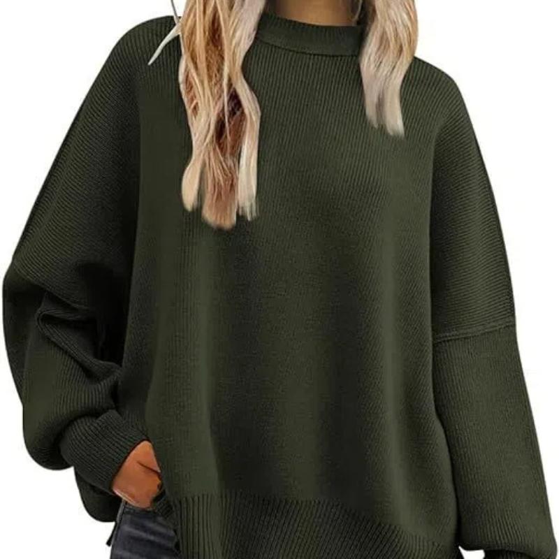 Women's Oversized Batwing Sweaters 2025 Fall Outfits Trendy Crewneck Knit Side Slit Fashion Pullover Tops