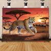 Wild Safari Tapestry, Dramatic Scene of a Powerful Leopard Running Across the African Savanna Under a Fiery Sunset Sky, Bold Wildlife Wall Art