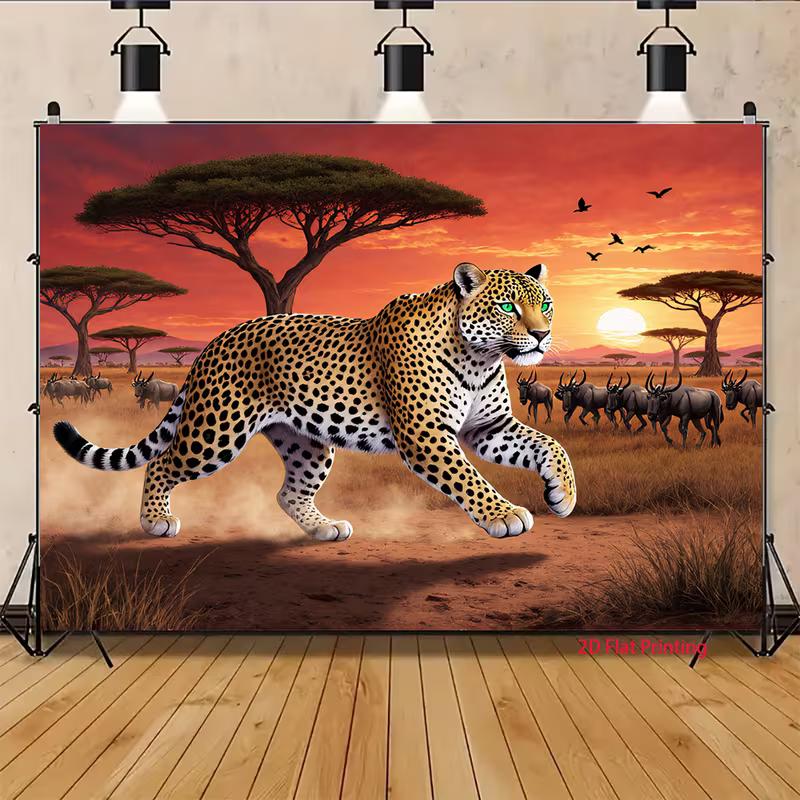 Wild Safari Tapestry, Dramatic Scene of a Powerful Leopard Running Across the African Savanna Under a Fiery Sunset Sky, Bold Wildlife Wall Art