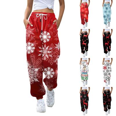 Moda casual feminina Natal estampado calças casuais calças de moletom calças compridas cordão elástico na cintura calças de punho