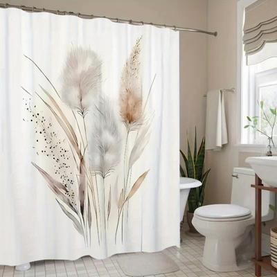 Cortina de Ducha de Hierba de la Pampa Diseño Natural Boho Color Beige Blanco Resistente al Agua Decoración de Baño