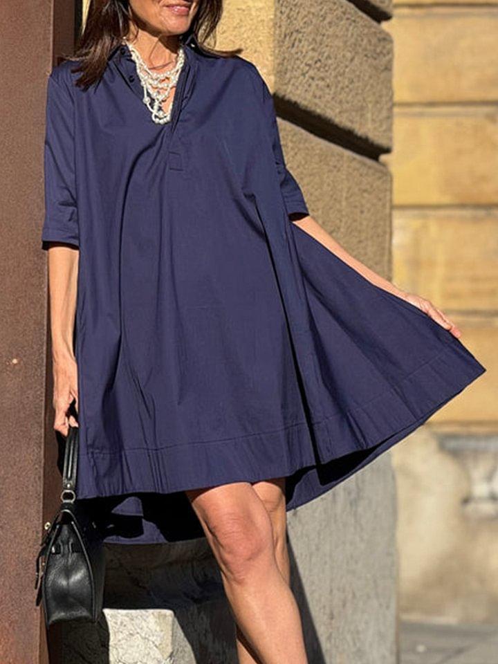 Damen Langarm Hemdkleid mit Knopfleiste, A-Linie, in Weiß, Beige, Schwarz, Marineblau