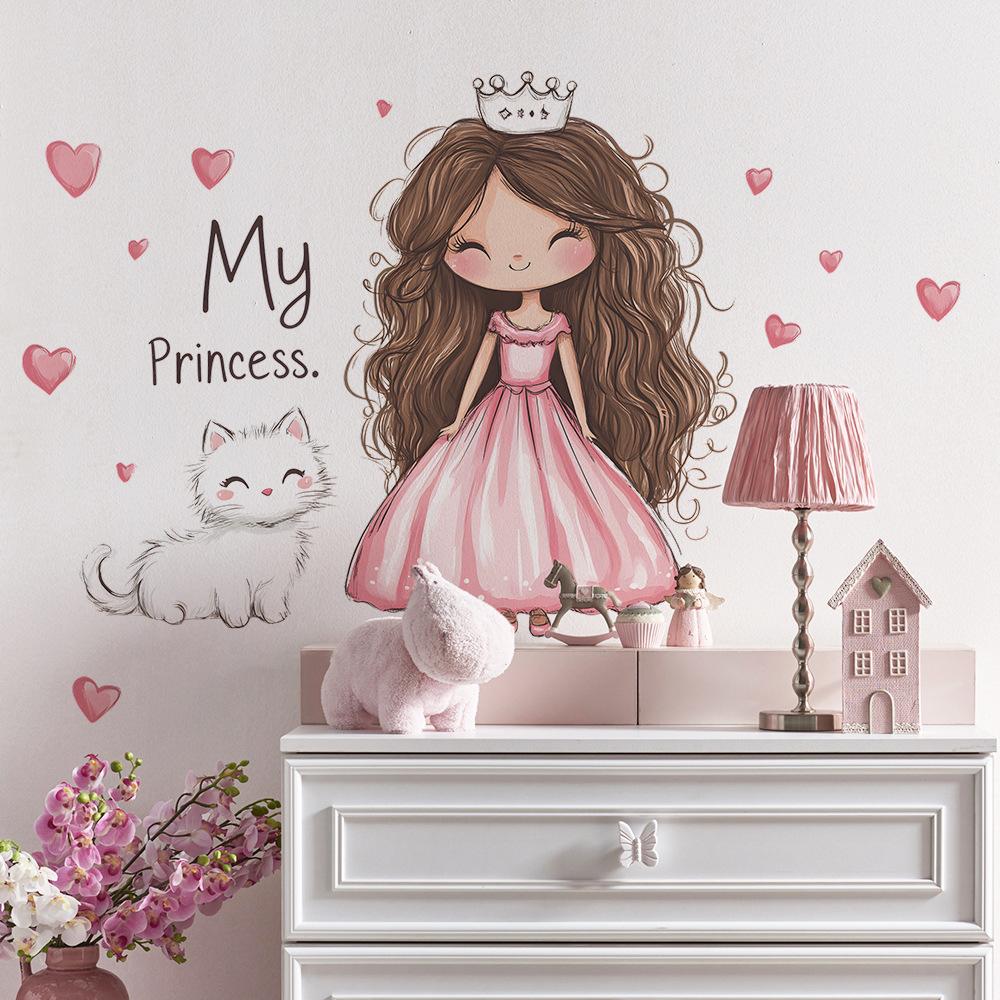 Prinses Katje met Hart Muursticker Dromerig Zoet Zelfklevende Decoratie voor Kinderkamer Woonkamer Kinderkamer Muurkunst