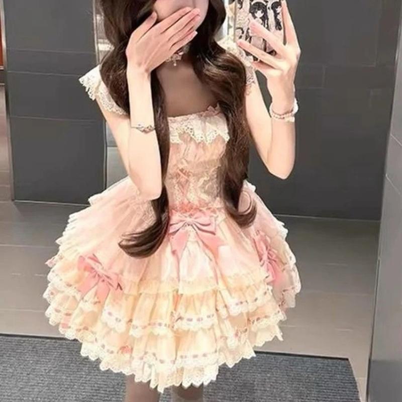 Robe Élégante Kawaii Lolita Douce Japonaise pour Femmes Y2k Design à Nœud Mini Robe de Princesse Dentelle Féminine Tenues Chic pour Anniversaire