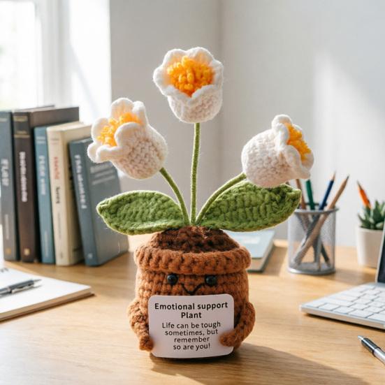 Emotional Support Crochet Flower Handmade Small Potted Lily of The Valley with Affirmation Card Inspirational Knitted Flower Gifts