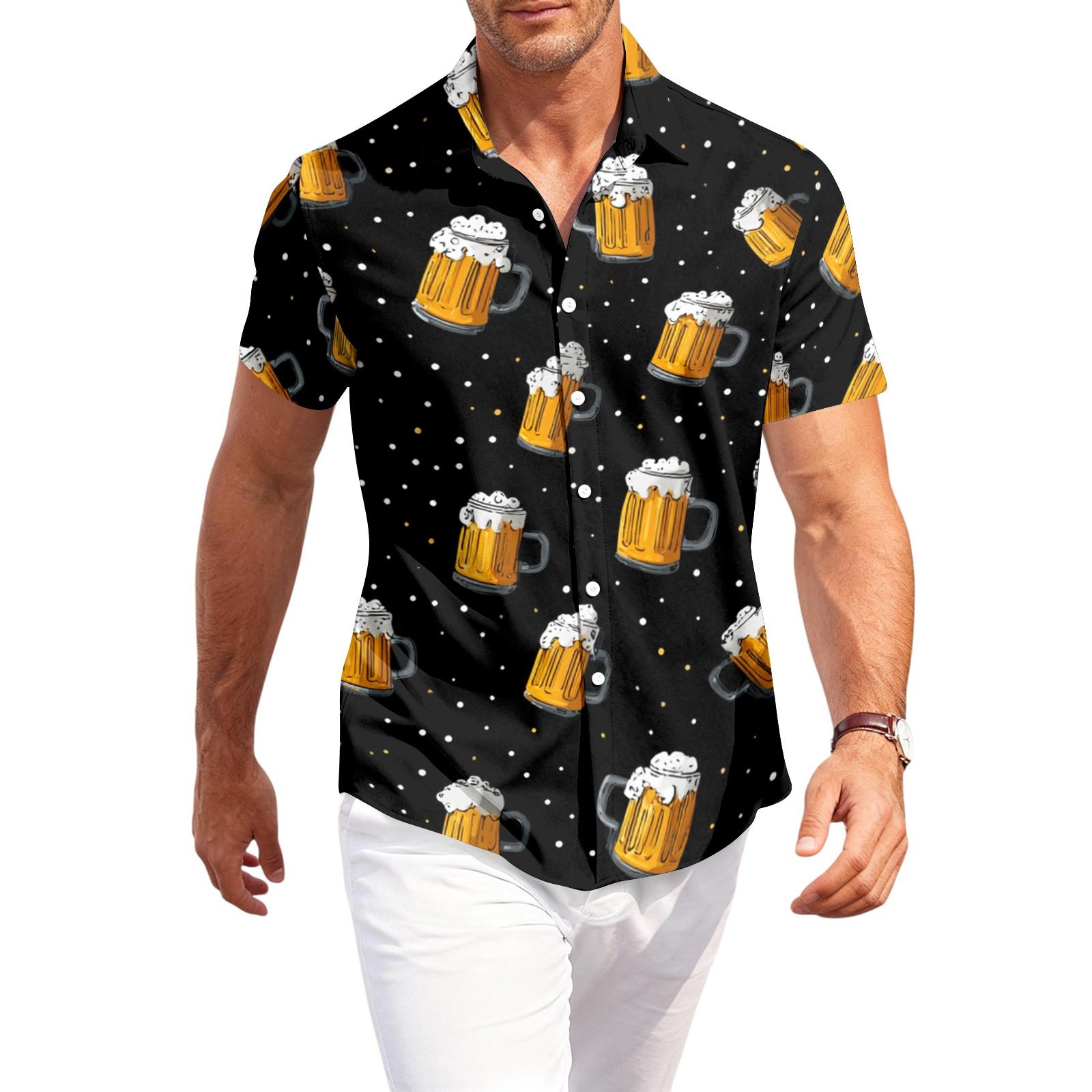 Men s Casual Short Sleeve Button Down Shirt Beer Mug Print Lightweight Breathable Fabric Relaxed Fit Summer Shirt L чёрный
