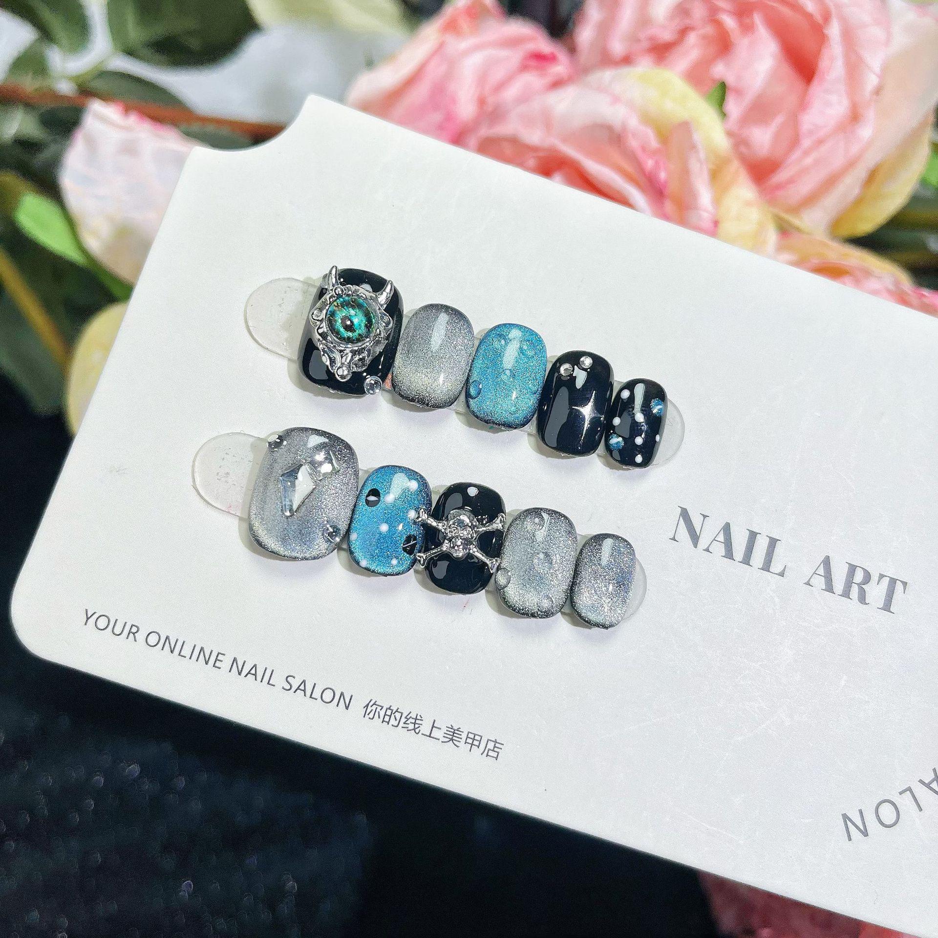 

Southern France Handmade Wearable Nails - Short Dark Fluorescent Cat Eye Stickers, Sweet & Removable. Medium