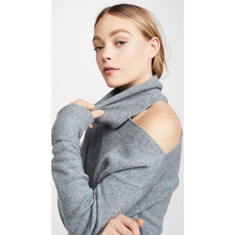 Autumn and Winter Women's Knitwear Solid Colour Lapel Leakage Shoulder Sexy Knitted Sweater