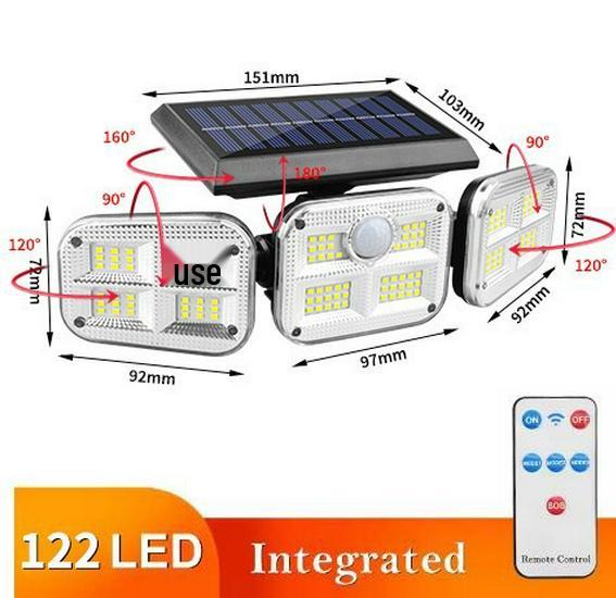 Three-Head LED Solar Motion Sensor Outdoor Wall Light, Waterproof for Garden, Courtyard, Fence, and Home Lighting.