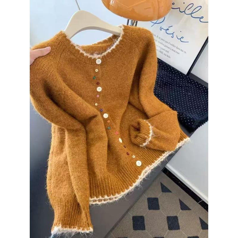 

Color buckle contrasting splicing round neck long-sleeved knitted cardigan sweater jacket women s new soft waxy top L