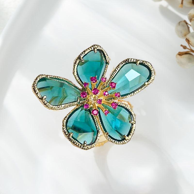 Luxus Kristall Blume Großer Offener Ring für Damen Trendiger Modischer Party Sommerurlaub Statement Schmuck