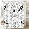 Space-themed Bathroom Shower Curtain Black White Pattern with Rockets, Planets, and Stars for Kids Bedroom Decorations Home Text