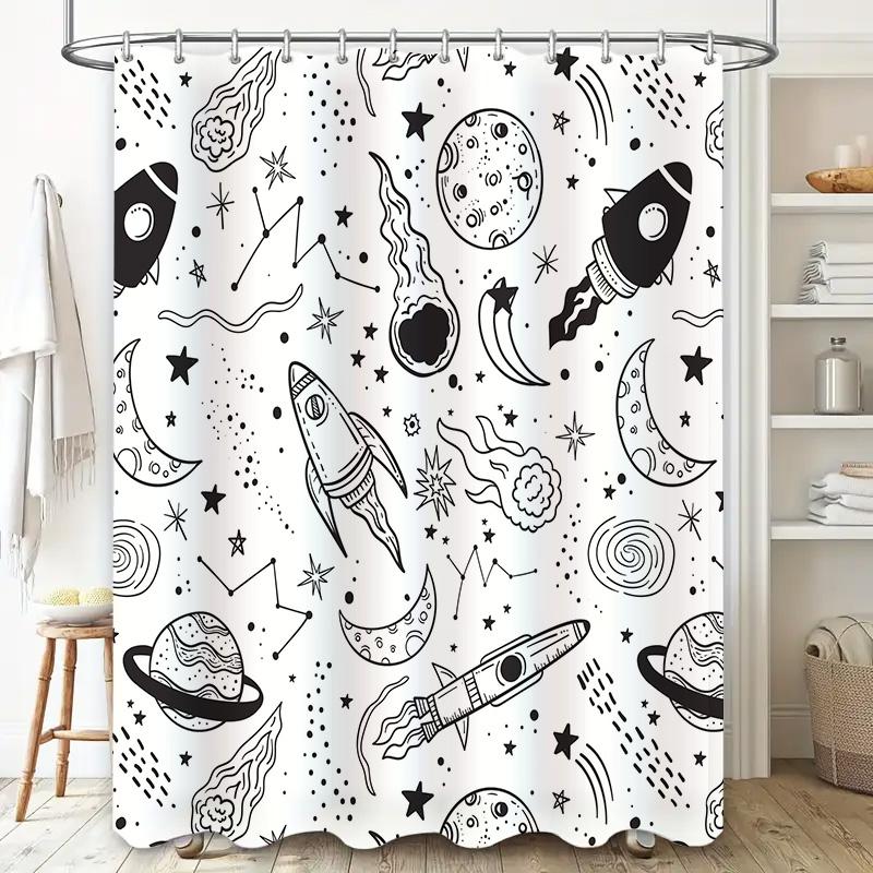 Space-themed Bathroom Shower Curtain Black White Pattern with Rockets, Planets, and Stars for Kids Bedroom Decorations Home Text