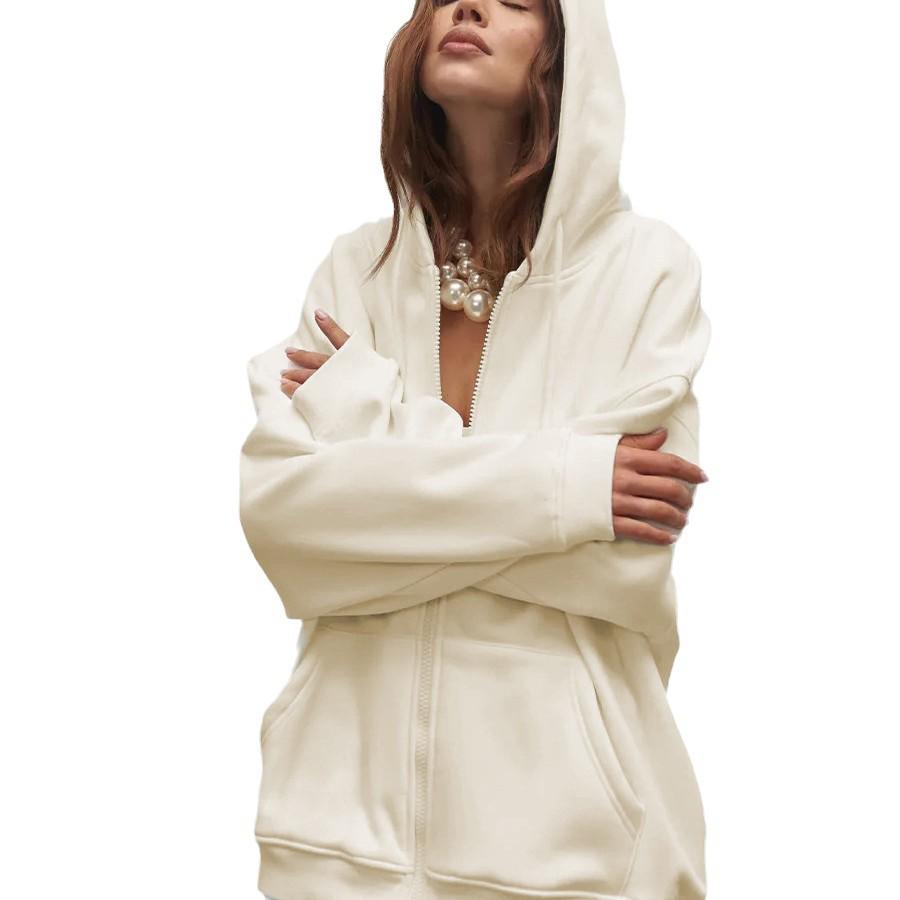 2024 Autumn/Winter Solid Color Loose Fit Cross-border European & American Style Zip-up Hooded Cardigan