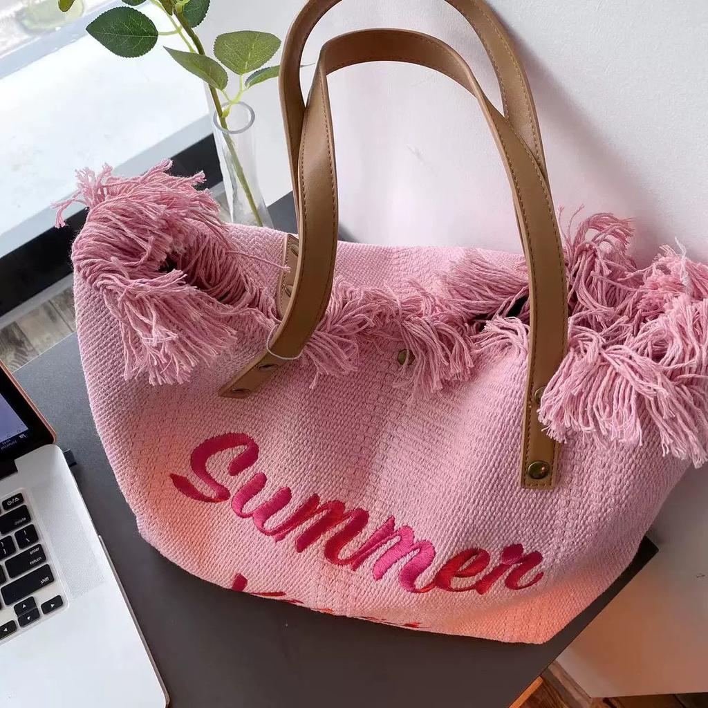 Tassel Letter Niche Embroidered Canvas Bag Shoulder Underarm Messenger Bag Large Capacity Bag