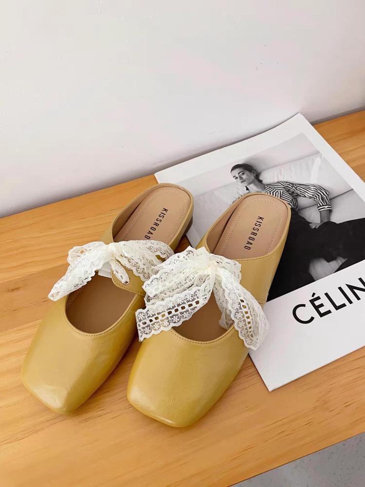 

Версия из мягкой кожи~ Туфли Лолиты Кружевные Балетки на плоской подошве Мюллер 2025 Весна Ленивый Баотоу Полушлепки Женская уличная обувь 40 имбирный