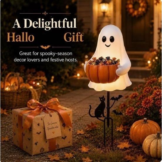 Halloween Ghost Candy Holder Garden Stake, Pumpkin Bowl Outdoor Yard Decor for Holiday Party