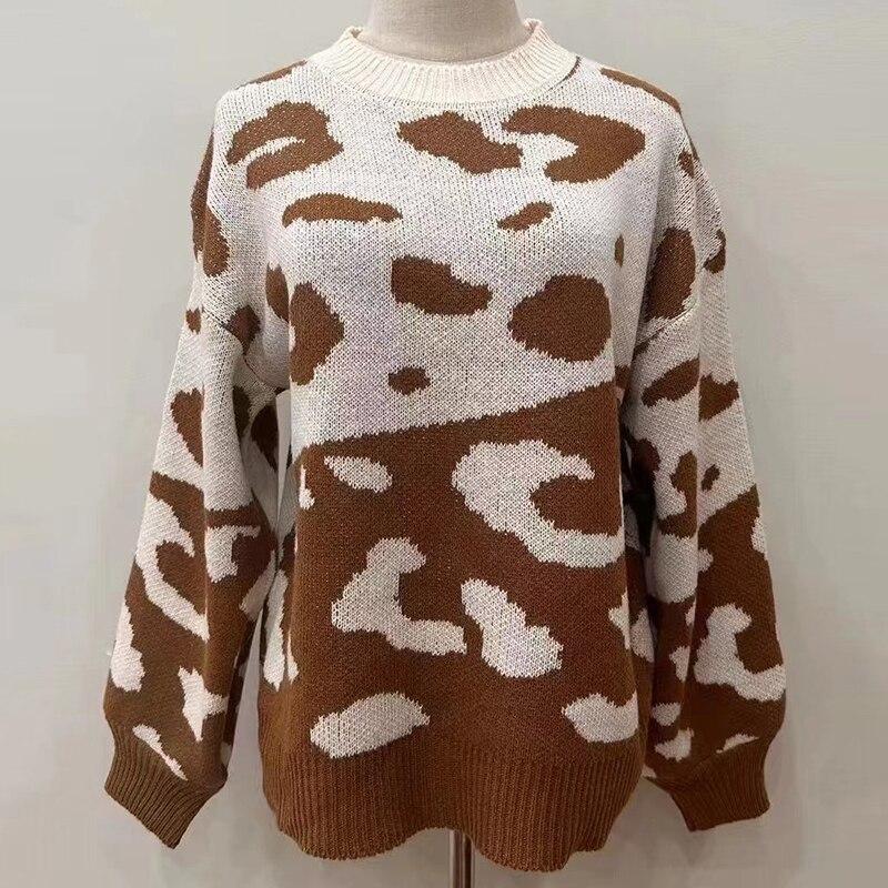 

Осенний вязаный свитер с круглым вырезом и леопардовым принтом, женские модные пуловеры с длинными рукавами, женские винтажные повседневные свободные трикотажные изделия 28965 L абрикосовый