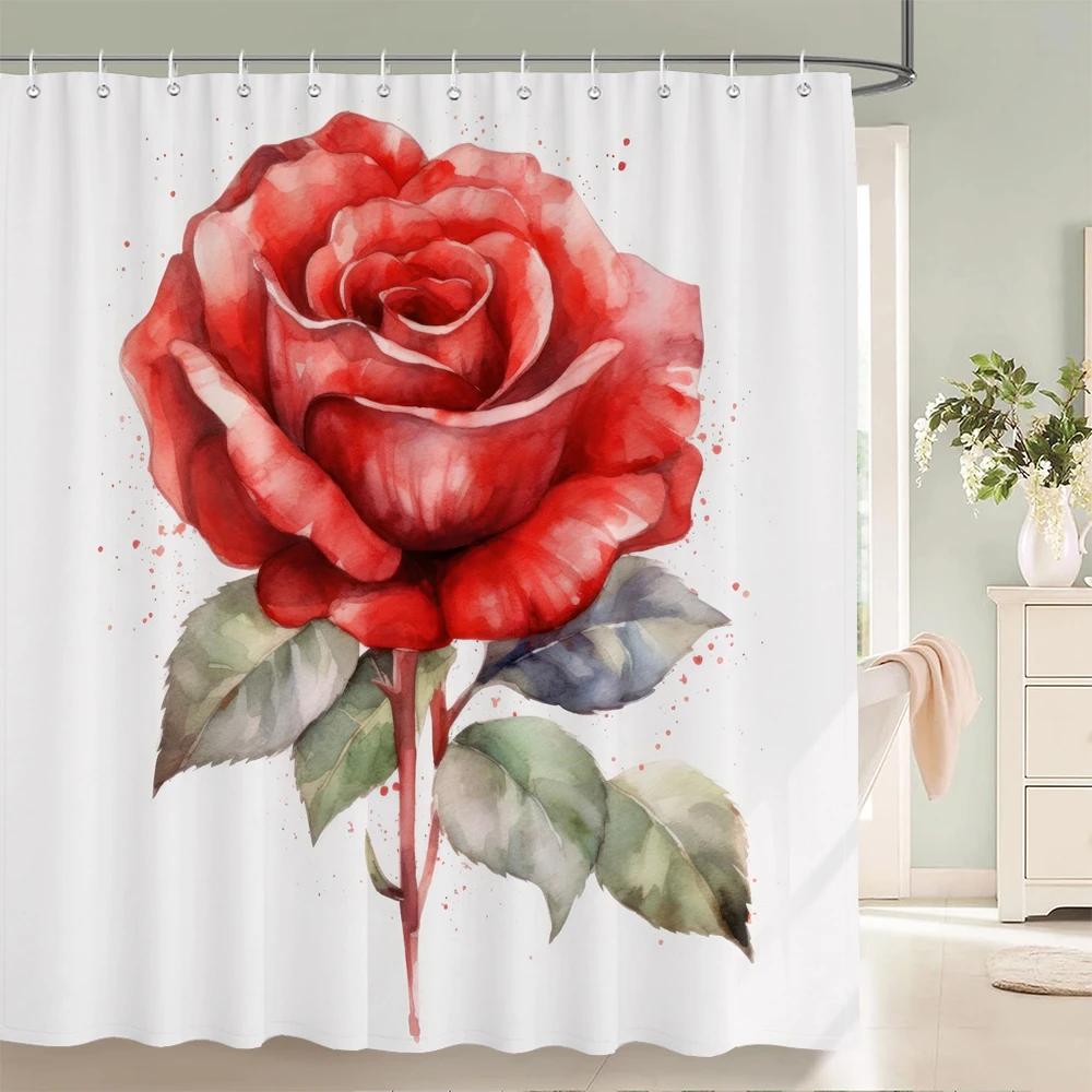 Waterproof Polyester Fabric Red Rose Shower Curtains Blue Rose Flowers Printing Bathroom Curtains for Home Decoration Curtain