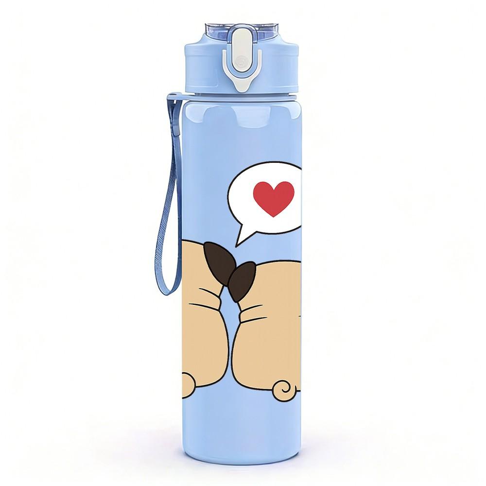 1PC Couple Pug Dogs Love Heart 750ml Color Plastic Sports Water Bottle Leakproof Flip Straw Lid Suitable for Sports Office Home Use