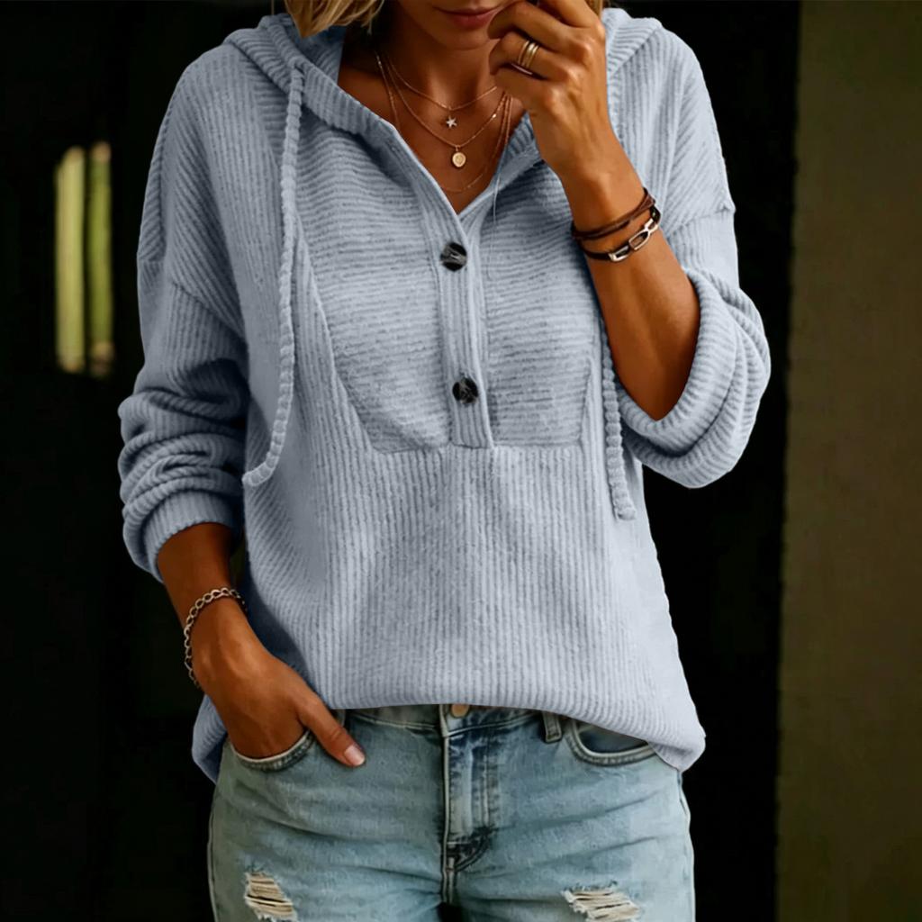 Women's Color V-Neck Long Sleeve Hooded Button Front Casual Top