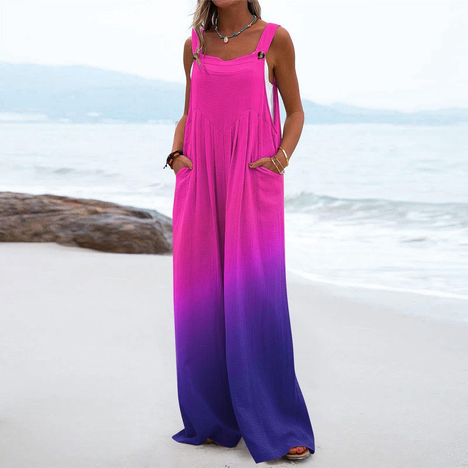 

Женский комбинезон на пуговицах с принтом, повседневные свободные комбинезоны без рукавов с карманами M фиолетовый