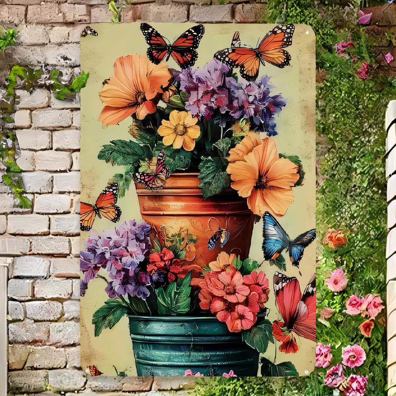 Tin Sign Vintage Flower Vase Wall Decor Metal Tin Plaque Art for Garden Patio Bedroom Living Room Retro Floral Butterflies Cot