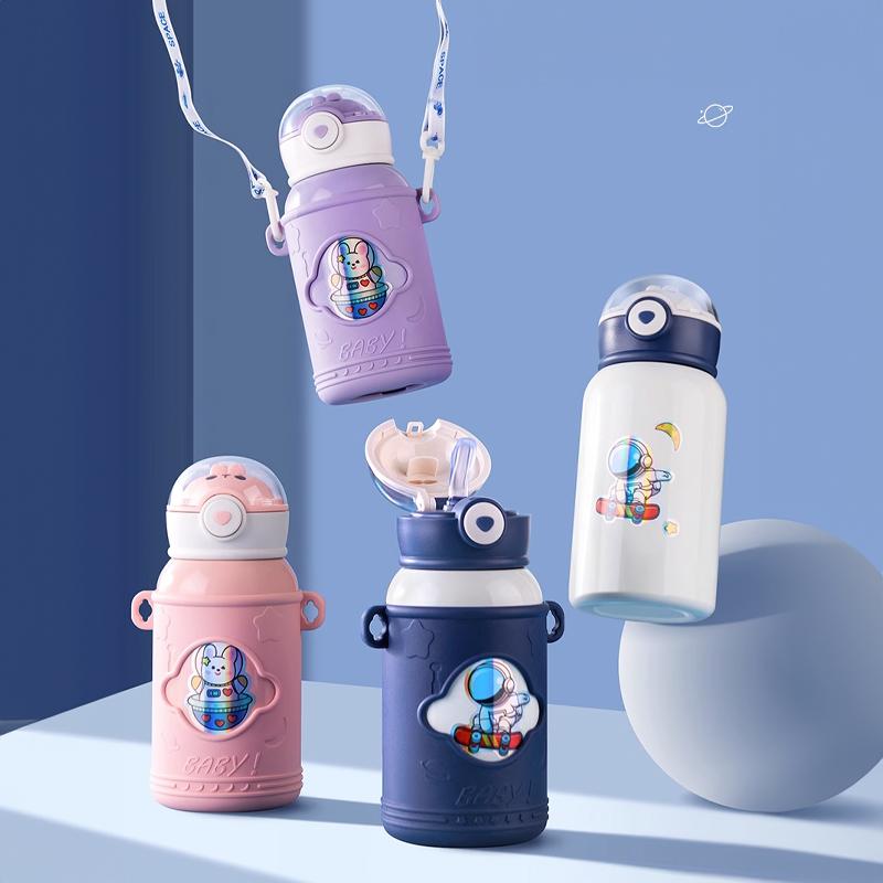 Children' Cartoon Straw Water Thermos Bottle Portable Sealed LeakProof Keep Warm Mug Stainless Steel Kids' Outdoor Thermal Cups