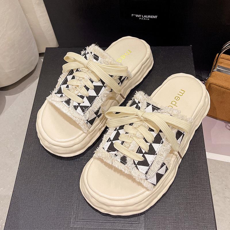 

Xiaoxiangfeng lace-up slippers for women in the summer of 2025, new models for outer wear, fashionable and versatile thick-bottomed non-slip casual co 40 бежевый
