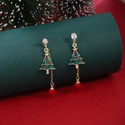Cross-Border Christmas Rhinestone Green Tree Earrings with Red Bead Tassels - Cute Color Block Cartoon Design