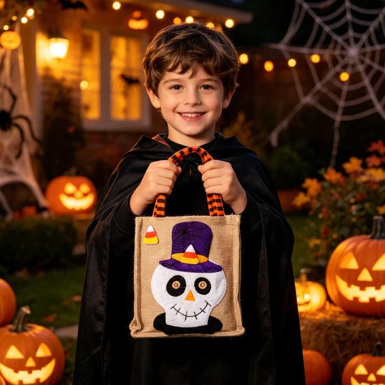 Kindergarten Activity Bags Halloween Candy with Handles, Non Woven Trick or Treat Totes Reusable Linen Sacks for Kids, Black Cat Pumpkin Ghost Goodie